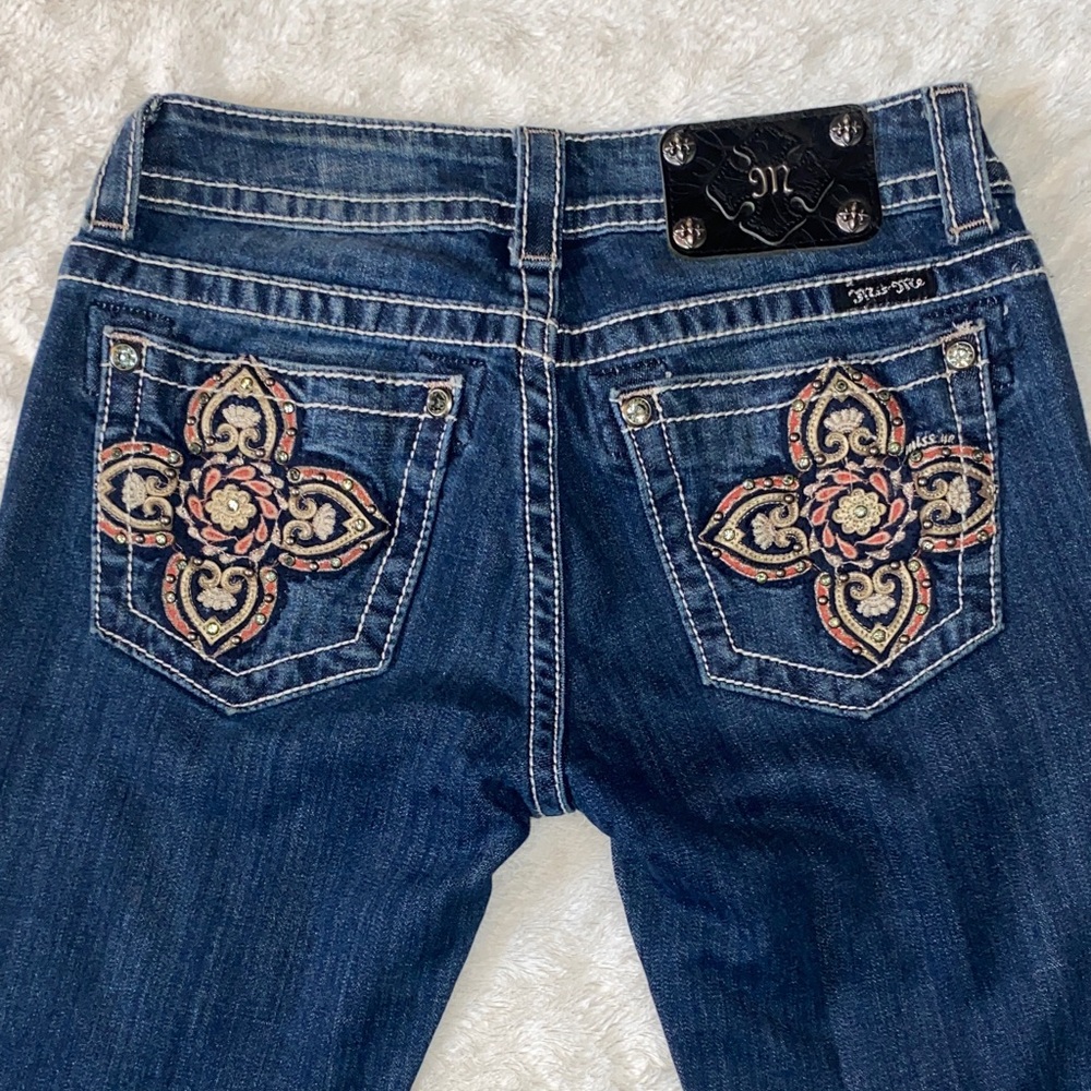 Miss Me Dark Blue Straight Leg Jean with Cute Pink Embellished Back Pockets